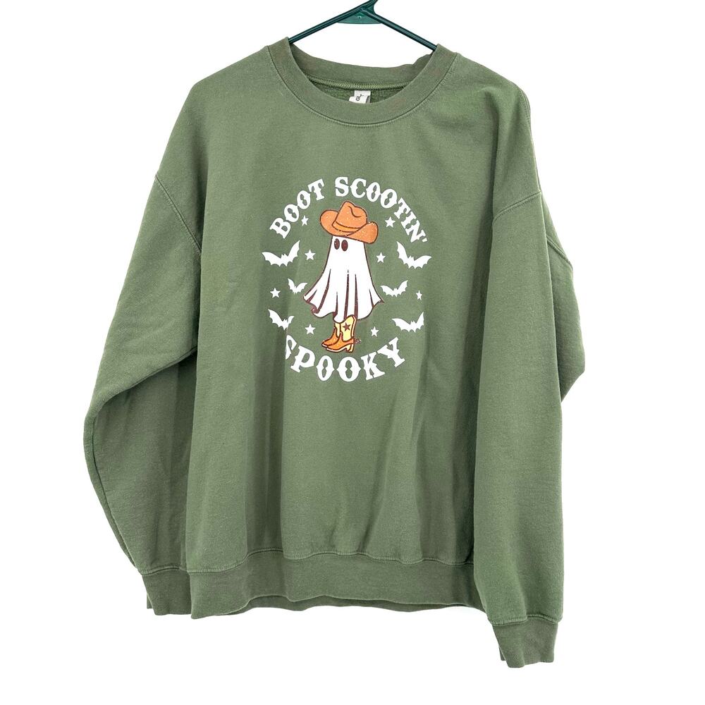 Gildan Size Large Boot Scootin Spooky Graphic Print Sweatshirt Crew Neck Green